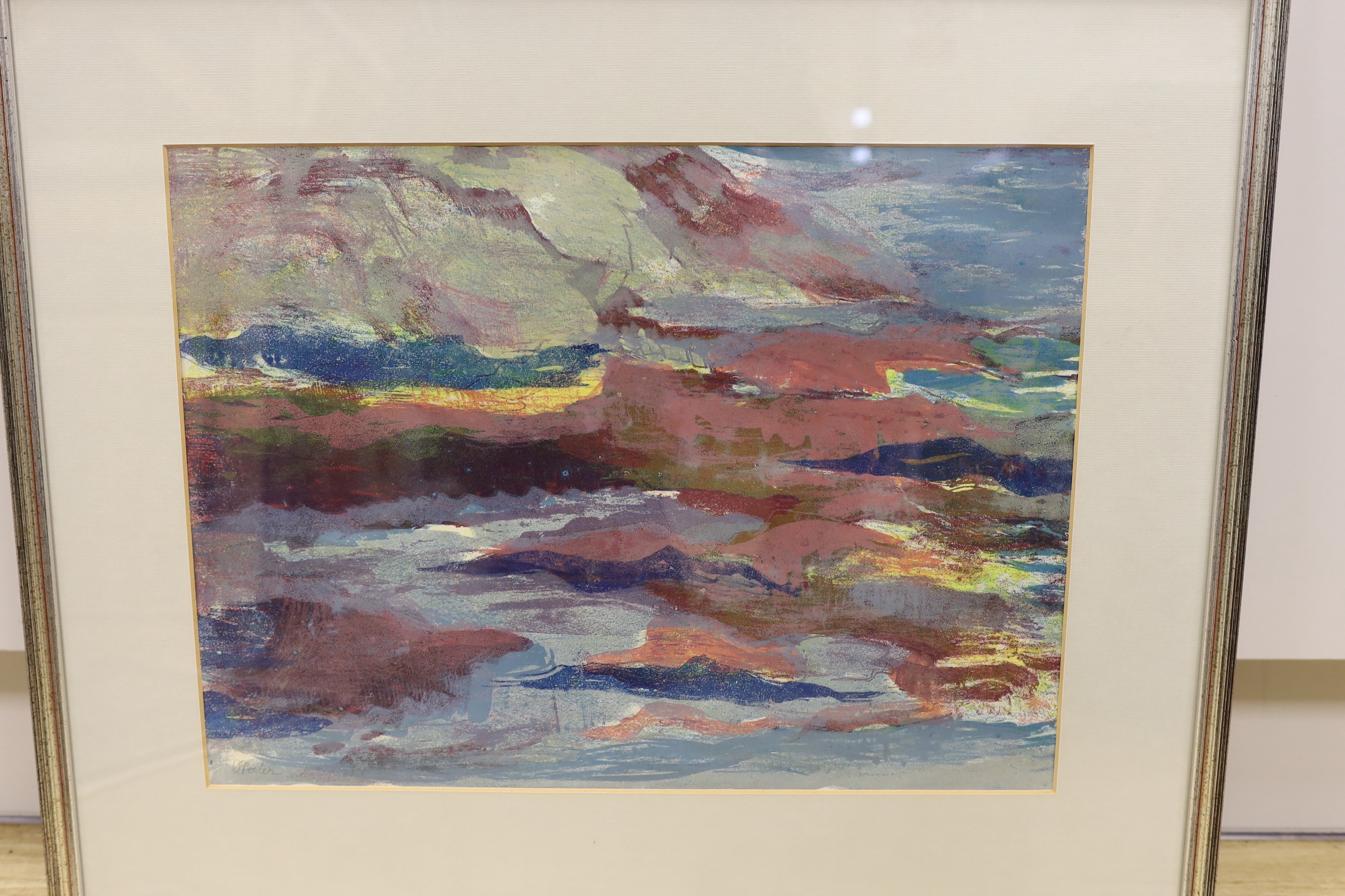 Modern British, artist proof print, Abstract coastal scene, indistinctly signed, 35 x 47cm, together with two unframed drawings